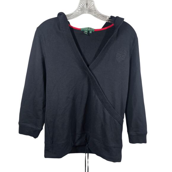 RALPH LAUREN ACTIVE LRL Black Stretch Hoodie with Faux Wrap and Drawstring Sz M - Picture 1 of 11